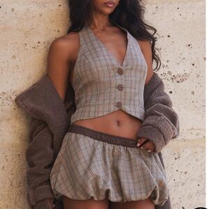 Plaid Halter Vest with Brown Buttons